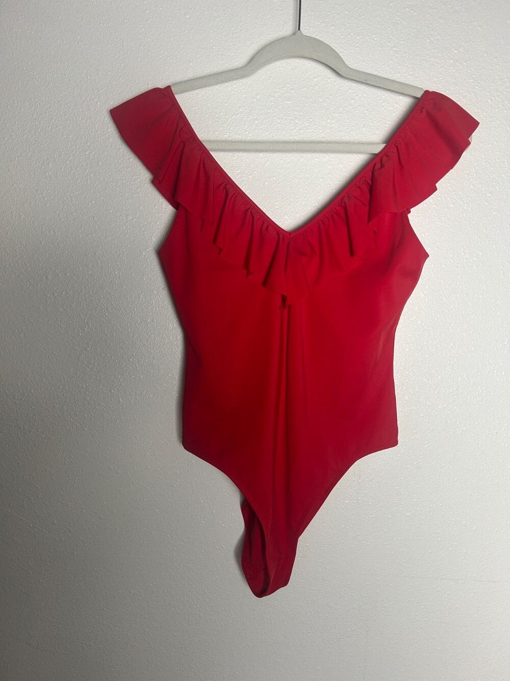 Wilfred Womens Bodysuit Red Ruffle V Neck Ribbed Stretch Soft Modal Spandex Sz M
